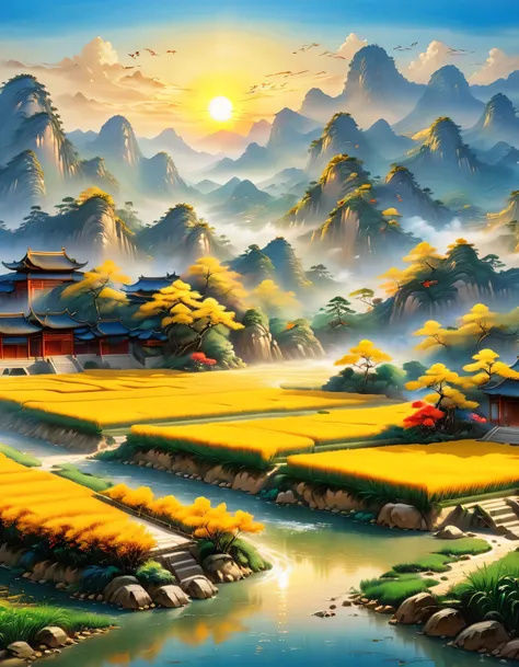 (best picture quality，8k，high resolution，masterpiece)，super detailed，，Chinese landscape painting summer，Sunlight，nice kid，gold的稻田，gold，happiness，children&#39;laughter，children在稻田里玩耍,Cicada chirping,Beautiful scenery,high dynamic range,ultra high definition...