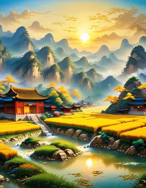 (best picture quality，8k，high resolution，masterpiece)，super detailed，，Chinese landscape painting summer，Sunlight，nice kid，gold的稻田，gold，happiness，children&#39;laughter，children在稻田里玩耍,Cicada chirping,Beautiful scenery,high dynamic range,ultra high definition...