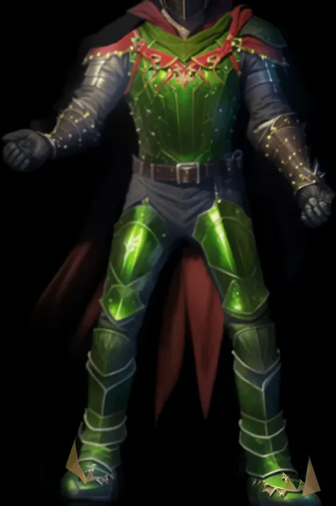 A man wearing green armor, red cape and black leather gloves, Sleek glowing green full body armor, Wearing green one-piece armor, shining armor,  Glowing line cracks appear on armor, green boots, Boots with spikes on the front