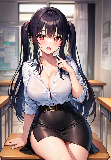 masterpiece、best image quality、ultra high resolution、teenage girl with big breasts、twin tail hairstyle、black hair、red face、shyly、Open your mouth just a little、White shirt with cleavage visible、pencil skirt、waist belt、sitting on the desk、inside the classroo...