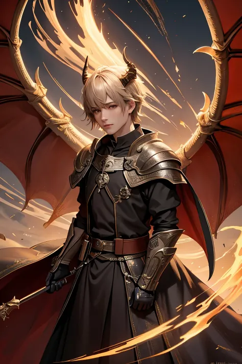 masterpiece, best quality, extremely high detailed, intricate, 8k, HDR, cinematic lighting, fantasy style, 1boy, halth Dragon human, solo, medieval fantasy mage costume, glowing eyes, large Dragon wings, Dragon horns,  dynamic angle, detailed,