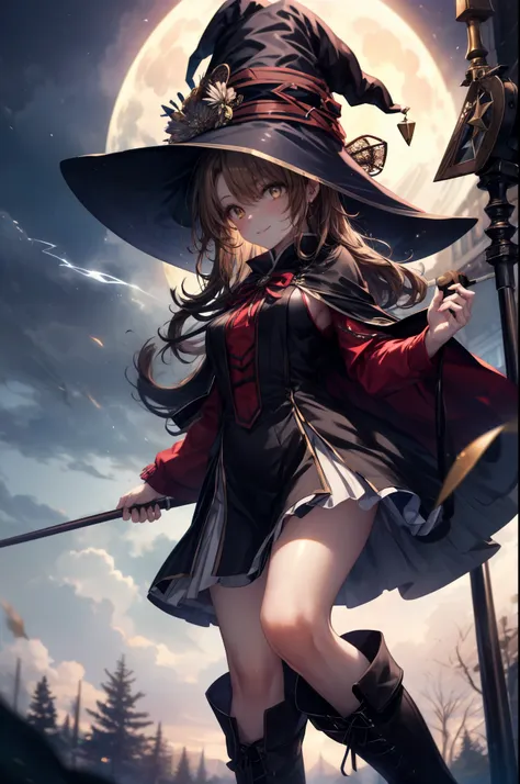 irohaisshiki, iroha isshiki, long hair, brown hair, (brown eyes:1.5), smile,witch hat,witch dress,long skirt,short boots,staff 1...