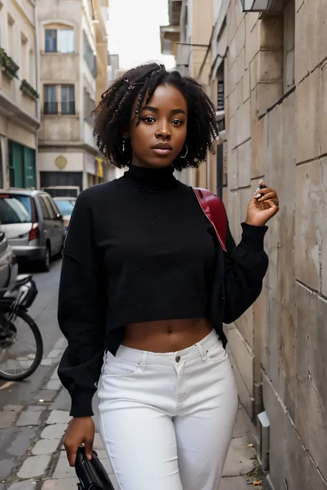 Décris une jeune femme noire, dune beauté exceptionnelle, evolve in the modern urban world. Elle porte des vêtements élégants et reflète la diversité culturelle de la ville. Tell us about your day and the experiences that make it unique