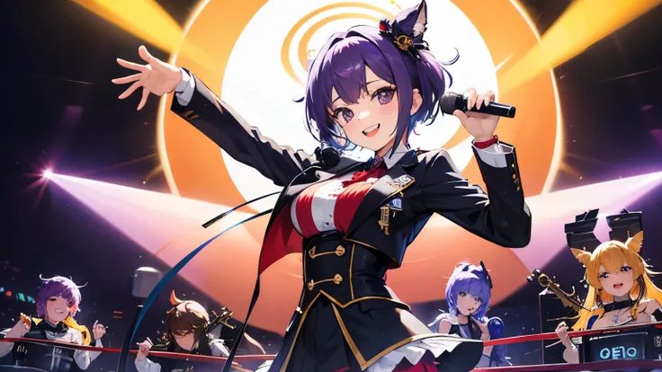 (T Masterpiece，4k wallpaper，best quality))、((girl１people))、(solo)、Shining and vivid，(purple hair)、(shortcut:1.3)、smile、Idol、stage、microphone