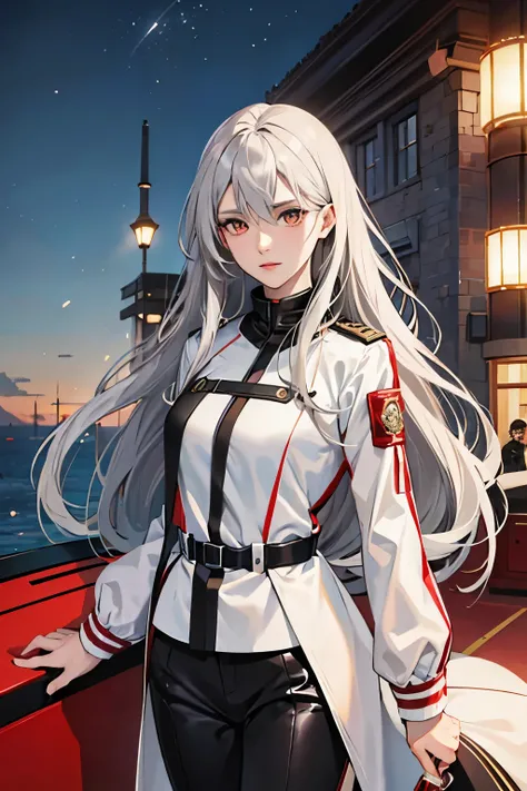 anime、woman,silver hair,long hair,red-brown eyes,black pilot jacket,late 20s,beautiful woman,carrying a borzoi