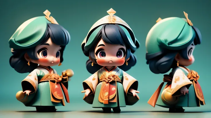 (Best quality, 4k, 8k, highres, masterpiece: 1.2), super detailed, (lifelike, photo-realistic, photo-realistic: 1.37), three views, three heads, China traditional paper-cutting art, beautiful and vivid, lovely mascot dolls, Zhuang traditional costumes, Gua...