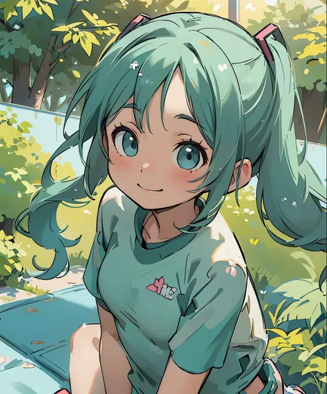 (masterpiece、highest quality、highest quality、official art、beautiful beautiful:1.2)、(1 girl:1.3)Hatsune Miku、twin tails,big breasts,table top, highest quality, 8k_wallpaper, (beautiful eyes), ((cute)), cute, (Lovely), (Please park on sunny days),1 girl,,1 ,...