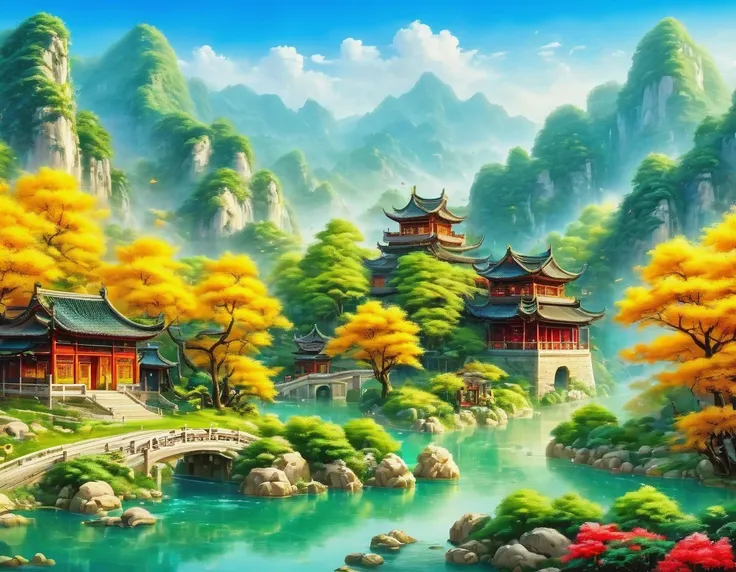 (best picture quality,8k,high resolution,masterpiece),super detailed,Chinese landscape painting,(landscape artistic conception),(Zen aesthetics),Zen composition,summer,Sunlight,Good boy,Kaneko的稻田,Kaneko,happiness,children'laughter,children在稻田里玩耍,Cicada...