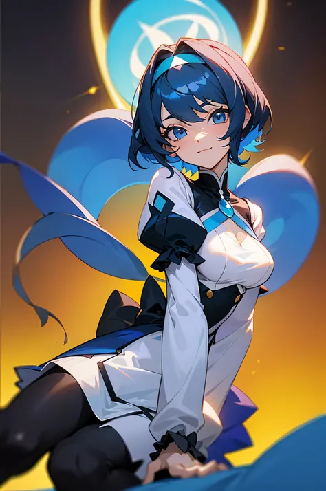 1girl autoscorer black_hair blue_eyes blue_hair bow breasts colored_inner_hair doll_joints dress drill_hair garie_tuman hairband highres joints long_sleeves looking_at_viewer medium_breasts moeshino multicolored_hair pale_skin puffy_sleeves senki_zesshou_s...