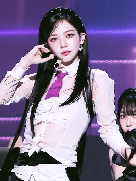 1girl, solo, bangs, blush, hand on own chest, jill stingray, long sleeves, looking at viewer, purple hair, medium breasts, necktie, shirt, solo, upper body, vest, bartender, vest, white shirt,