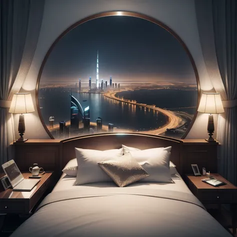 arafed view of a city skyline from a hotel room, cyberpunk bedroom at night, 3 d render beeple, luxurious environment, cityscape in the window, surreal cityscape background, realistic fantasy render, dubai, beautiful cityscape, in a futuristic desert palac...