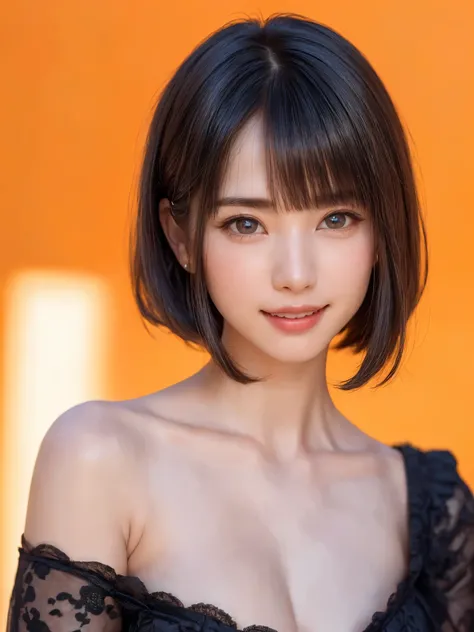 (table top, highest quality、ultra high resolution、face focus focus、focus on the sides、navel focus、decolletage focus、very attractive beauty、Adds intense highlights to the eyes、look closely at the camera:1.4、Absolutely beautiful bangs:1.4、Brunette short bob ...