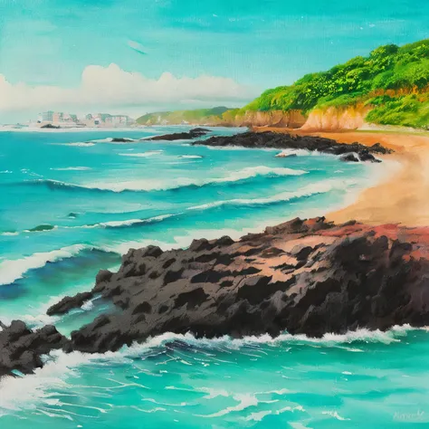 Uma pintura em aquarela de uma paisagem ou praia 