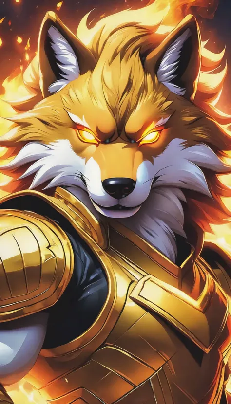 "Epic portrait of a fursuit wolf male muscular with glowing golden eyes A fire background style The King of fighters 2002 Looking at the viewer with a serious expression A live action Hollywood 3D cinematic style Wearing golden armor."