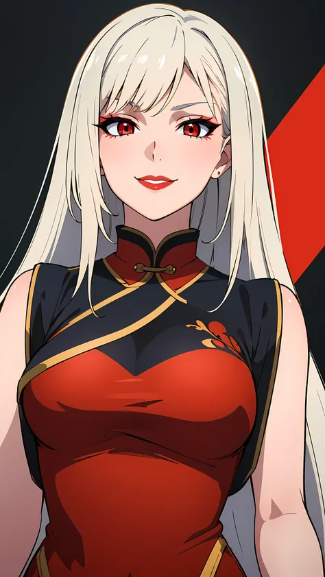 1girl, solo, mature lady, milf, beautiful character design, cg unreal engine, hd, 4k, full shading, perfect shading, professional art, extremely detail character design, a girl with long white hair wearing black chinese dress, happy, smirk, red eyes color,...