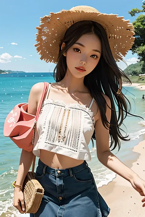 (Summer day: 1.2), Beautiful girl: 1.3, In miniskirt: 1.4, Holding straw hat: 1.2, Walking by the sea: 1.3, ( UV filtered: 1.5), Clear water reflection: 1.2, Sunlight glinting off the sea: 1.1, Azure sky: 1.1, ( Ultra-detailed: 1.4), ( Model: Haruna Sakura...