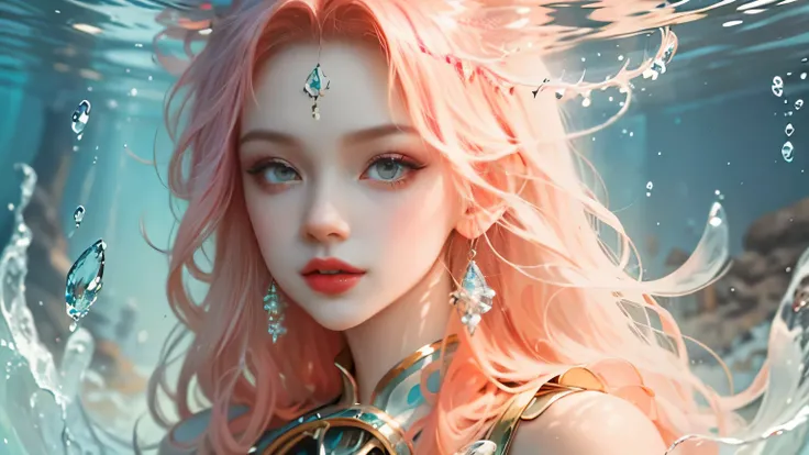 ModelShoot style, (Extremely detailed Cg Unity 8K wallpaper), A chaotic storm of intricate liquid smoke in the head, Stylized abstract portrait of beautiful girl, wetted skin,Beautiful marine life，Schools of tropical fish，Strange shaped corals，ocean floor，...