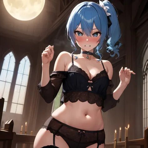 NSFW,Hoshimachi Suisei,blue eyes,blue hair,choker,hair between eyes,medium hair,side ponytail,スターchoker,small breastasterpiece:1.2), highest quality, High resolution,(detailed and beautiful eyes:1.6),(perfect hands, perfect anatomy),(((masterpiece))),((hig...