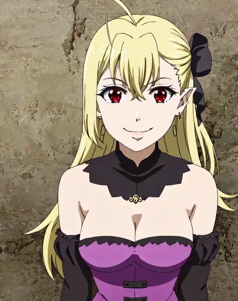 CARMILLA VANSTEIN, LONG HAIR, BLONDE HAIR, (RED EYES:1.3), HAIR BETWEEN EYES, AHOGE, HAIR BOW, POINTY EARS, DRESS, CLEAVAGE, BARE SHOULDERS, JEWELRY, EARRINGS, DETACHED SLEEVES, ELBOW GLOVES, STRAPLESS, STRAPLESS DRESS, PURPLE DRESS, 1girl, solo, upper bod...