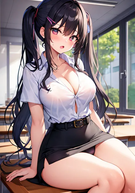 masterpiece、best image quality、ultra high resolution、NSFW、teenage girl with big breasts、twin tail hairstyle、black hair、red face、shyly、Open your mouth just a little、White shirt with cleavage visible、pencil skirt、waist belt、panties、spread your legs wide open...