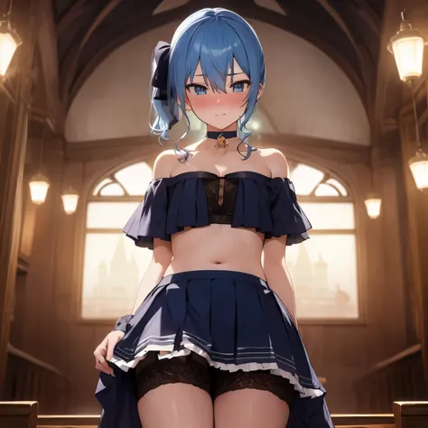 NSFW,Hoshimachi Suisei,blue eyes,blue hair,choker,hair between eyes,medium hair,side ponytail,スターchoker,small breastasterpiece:1.2), highest quality, High resolution,(detailed and beautiful eyes:1.6),(perfect hands, perfect anatomy),(((masterpiece))),((hig...