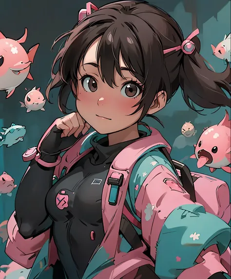 (masterpiece、highest quality、highest quality、official art、beautiful beautiful:1.2)、(1 girl:1.3)Hatsune Miku、twin tails,big breasts,"Frontal image of a 5 year old girl looking for fish in the deep sea, brown haired, brown eyes, rosy cheeks, Diving goggles, ...