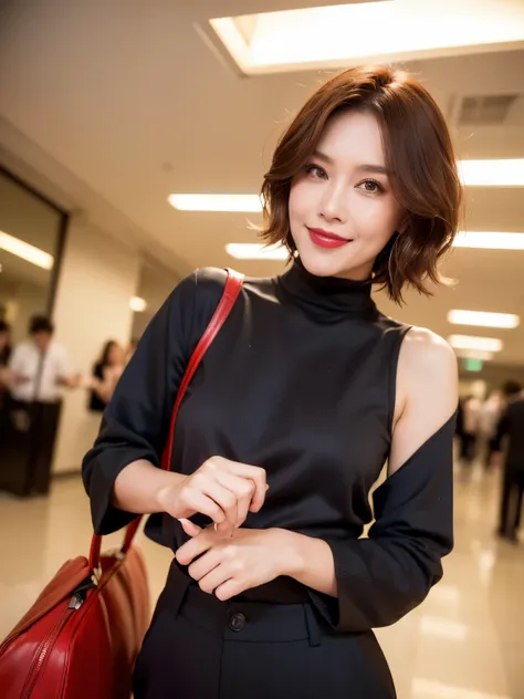 （38 years old), （Black Business Suit:1.2）,（black wool pants）、（white ruffle blouse：1.4）、 double eyelid, eyelash, red lipstick, (smile:1), ((close your eyes:0.85)), (looking at the viewer、Are standing), (From above:0.2)、pointed red mouth、(reddish brown hair）...