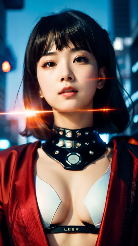 a futuristic female warrior holding a katana, (delicate skin), white skin, (in a deep neckline highly detailed sexy futuristic cyberpunk black crop top and underpants made of circuit boards, Japanese words with flare effect, beautiful magnificent compositi...