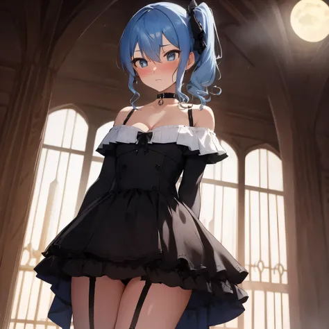 NSFW,Hoshimachi Suisei,blue eyes,blue hair,choker,hair between eyes,medium hair,side ponytail,スターchoker,small breastasterpiece:1.2), highest quality, High resolution,(detailed and beautiful eyes:1.6),(perfect hands, perfect anatomy),(((masterpiece))),((hig...