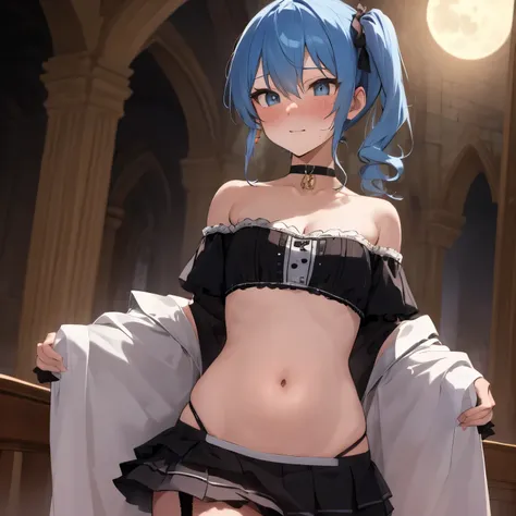 NSFW,Hoshimachi Suisei,blue eyes,blue hair,choker,hair between eyes,medium hair,side ponytail,スターchoker,small breastasterpiece:1.2), highest quality, High resolution,(detailed and beautiful eyes:1.6),(perfect hands, perfect anatomy),(((masterpiece))),((hig...