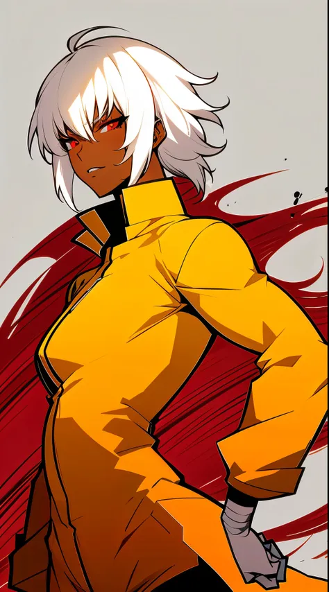 Midly Muscular darkskin woman in fantasy clothes, white short hair in a ponytail, red eyes, tight yellow jacket, yellow jacket, black cargo pant, intricate pencil sketch, expressive eyes and nose and mouth, un-zoom, highly detailed, dynamic pose, white bac...