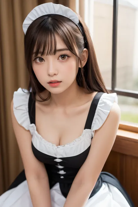 table top, highest quality, one girl, (beautiful girl:1.3), (16 years old:1.2), extremely fine-grained clarity, (symmetrical eyes:1.3), (maid costume, Cute Maid, Moe maid:1.2), beautiful breasts, brown eyes, parted bangs, brown hair