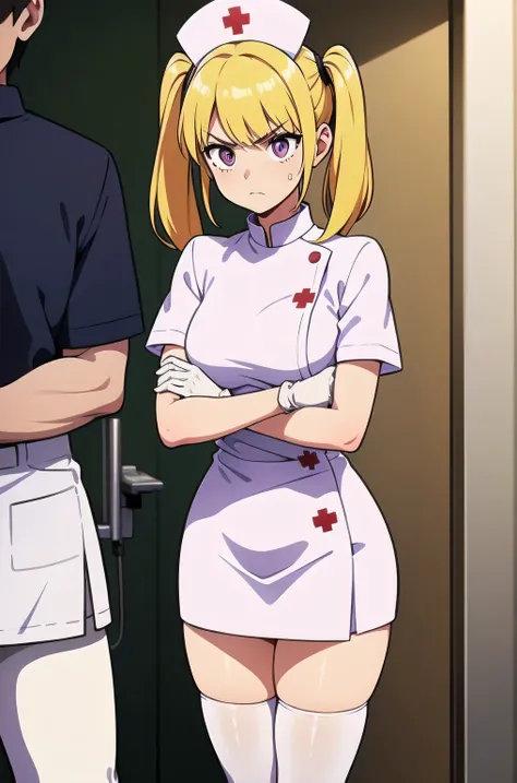 1girl, solo, nurse, nurse cap, white nurse uniform, ((white legwear, zettai ryouiki)), white gloves, twintails, yellow hair, purple eyes, angry, crossed arms, standing, ((hospital room)), sharp outline, short sleeves, best quality, masterpiece