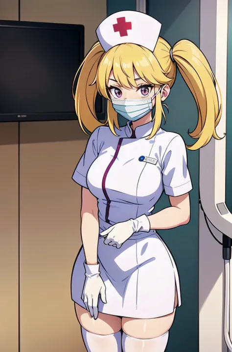 1girl, solo, nurse, nurse cap, white nurse uniform, ((white legwear, zettai ryouiki)), white gloves, twintails, yellow hair, pur...