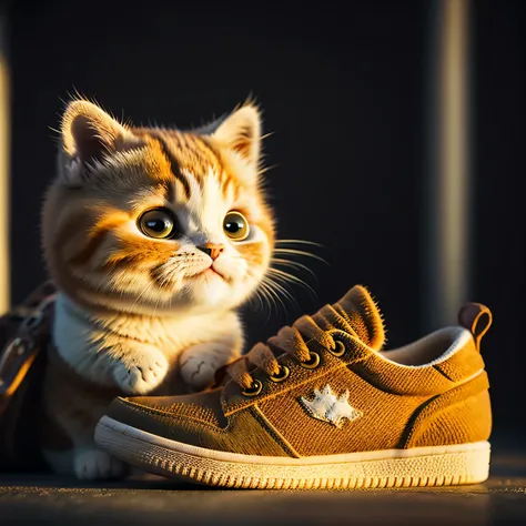 ((Cat in shoes)), ((big eyes)), ((ginger cat)), look at camera, No_human nature, depth of field, ((empty background)), ((White background)), deep shadow, (dark: 1.4), (8k, original photo, best quality, masterpiece: 1.2)