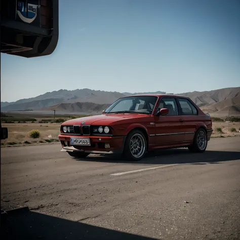 (red car,BMW,BMW e30),(best quality,4k,realistic:1.2),photographic,cinematic,in space