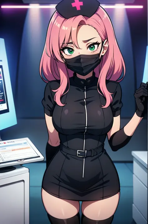 black nurse, 1woman, solo, black nurse cap, black nurse uniform, ((black legwear, zettai ryouiki)), black elbow gloves, pink hair, green eyes, drooping eyes, ((black surgical mask, covered nose)), standing, ((surgery room)), sharp outline, short sleeves, m...