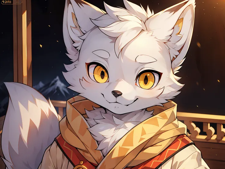 (best picture quality),(masterpiece),(((the only person))),(Super detailed),(male arctic fox:1.5), (white skin:1.3), hairy，(white fur:1.3),((golden pupils)) ,(gray ears),(hairy 动物 耳朵s)，((Wearing a Chinese white robe)，natural lighting，complex background,Det...