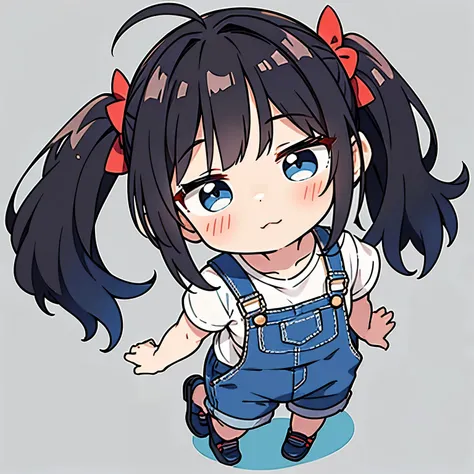 chibi, twintails, denim overalls, white T-shirt, black hair, simple background, full body, blue eyes, cute, solo, leaning forward, above shot, closed eyes