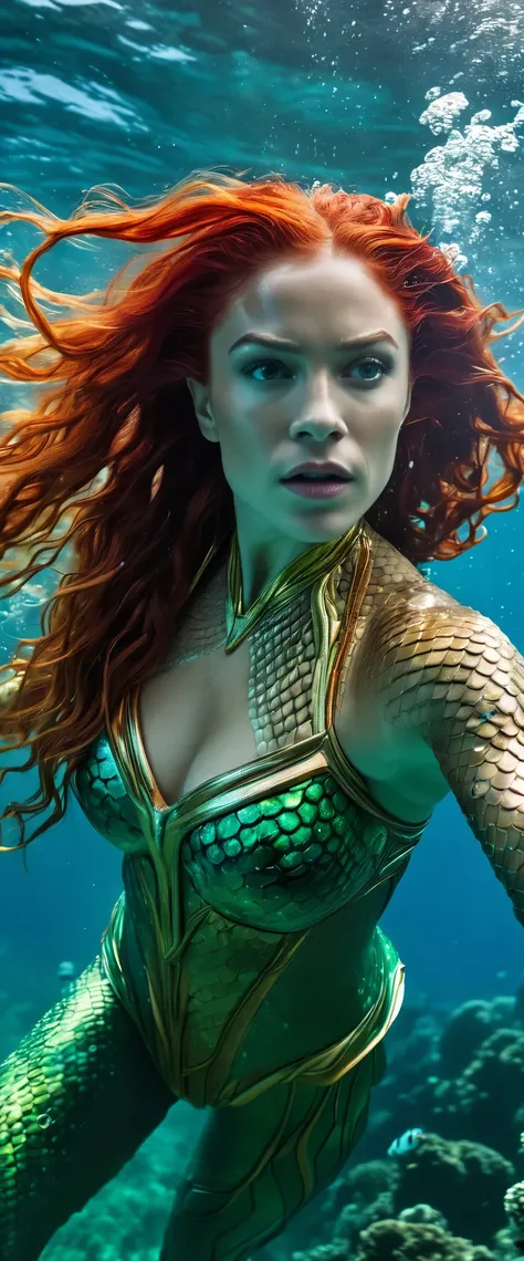 Photography of the character Queen Mera from "Aquaman," engaged in a thrilling underwater battle that unfolds in a panoramic view. Queen Meras agile and powerful movements are captured in the dynamic scene, set against the backdrop of the vast and immersiv...