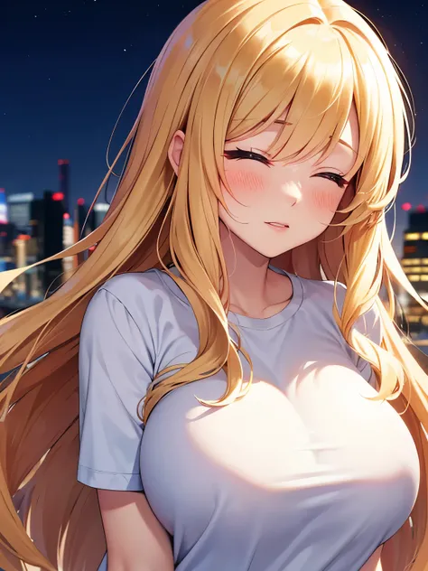 1woman,super beautiful,half body photo,blush,looking away,very detailed face,shy expression, HD face, perfect face,at night,white t-shirt,Very big breasts,Blonde hair,long hair,wavy hair,bangs,closed eyes,ultra detail,ultra Hd, masterpiece,4k