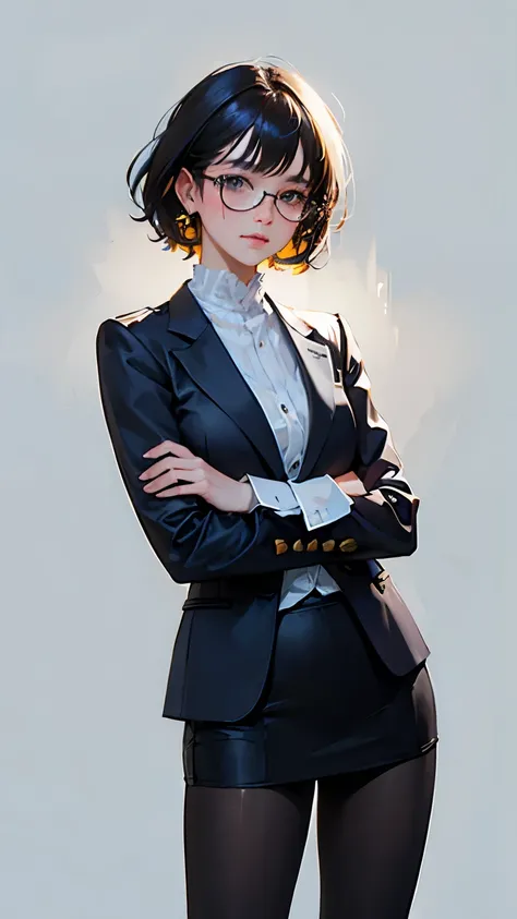 (highest quality、masterpiece)、(concept art)、(Avatar)、(icon)、((one woman))、((solo))、office lady,suit,pantyhose,short hair, messy hair, semi-rimless eyewear,(looking at camera)、 (from the front)、 (soft light)、(Soft shading)、 (pastel colour)、(ink)、(sketch sty...