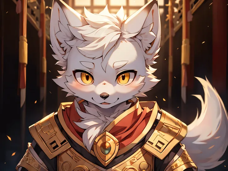 (best picture quality),(masterpiece),(((the only person))),(Super detailed),(male arctic fox:1.5), (white skin:1.3), hairy，(white fur:1.3),((golden pupils)) ,(gray ears),(hairy 动物 耳朵s)，((Wearing Chinese armor)，Soldiers of ancient Chitural lighting，complex ...