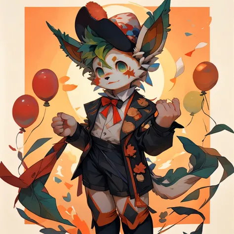 clown boy, green hair, red and green eyes, red and green round shoulder and round leg suit, red and green clothing, red and gree...