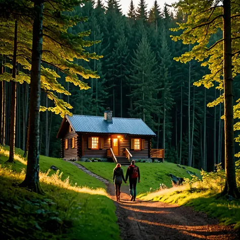 4k, dramatic lighting, high resolution, a man and a woman walking down a path in front of a cabin, beautiful house on a forest path, house in forest, house in the wood, the house in the forest, cottage in the forest, solitary cottage in the woods, the smal...