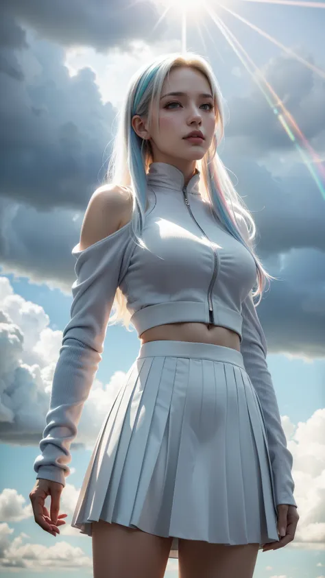 (masterpiece), the best quality, reflection light, Ultra-Wide Angle, beautiful Cloudy sky, girl, platinum blonde hair with light blue tips, multicolored hair, colored inner hair, full details white long sleeve crop top, pleated skirt, hourglass body shape,...