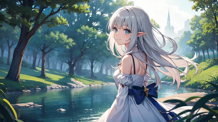 agirl,goblin，dress,profile，look at the audience，princess cut，gray hair，smile，anime，水色のdress，No sleeve，floating，fantasy，in the forest，lake