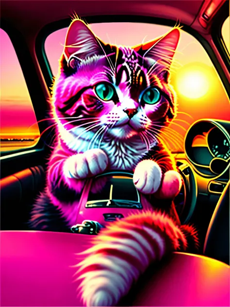 picture of a tired cat driving, Stylishly dressed, detailed visualization, foot on the steering wheel, reddish tired eyes, against a pink sunset background