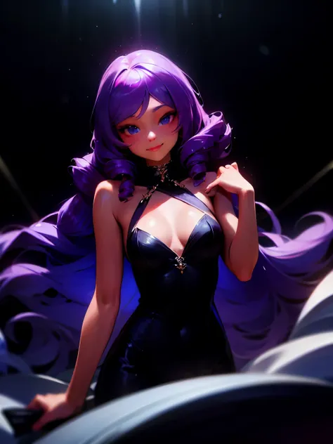 A portrait of a mature woman with very long PURPLE wavy hair and drill curls, side-swept bangs, blue eyes, ligh tanned skin, confident smile, wearing a black party dress, inside of a nightclub in the city, nighttime.