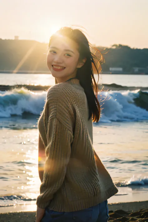 best quality,masterpiece,ultra high resolution,(authenticity:1.4),original photo,Light,
1 girl,Smile,backLight,ocean,